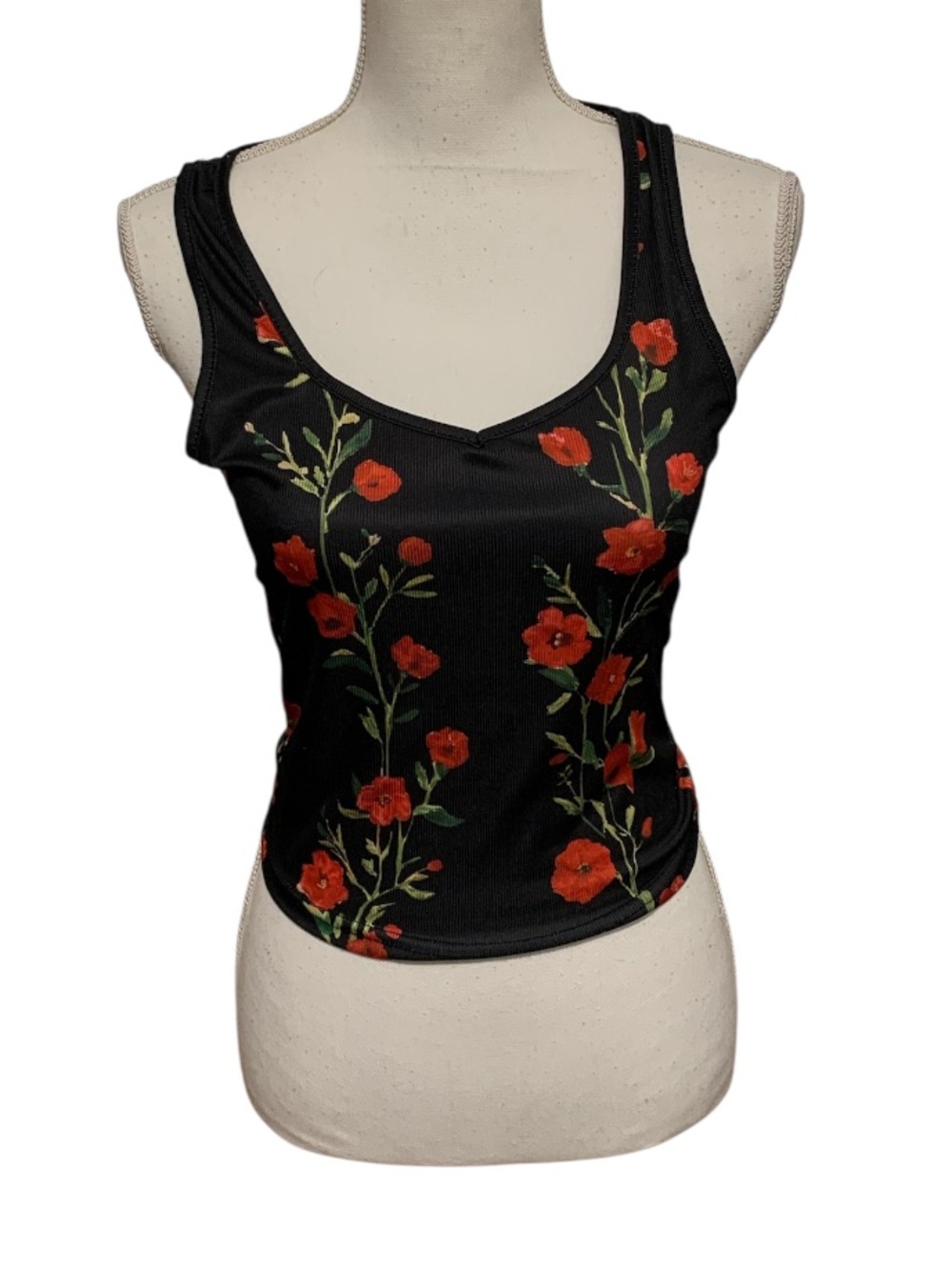Black Floral Scoop Neck Tank Top with Red Flowers